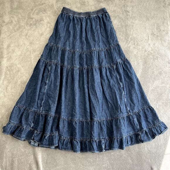 American Eagle Women's S TIered Denim Maxi Skirt Y2K Style Boho Western - Picture 1 of 11